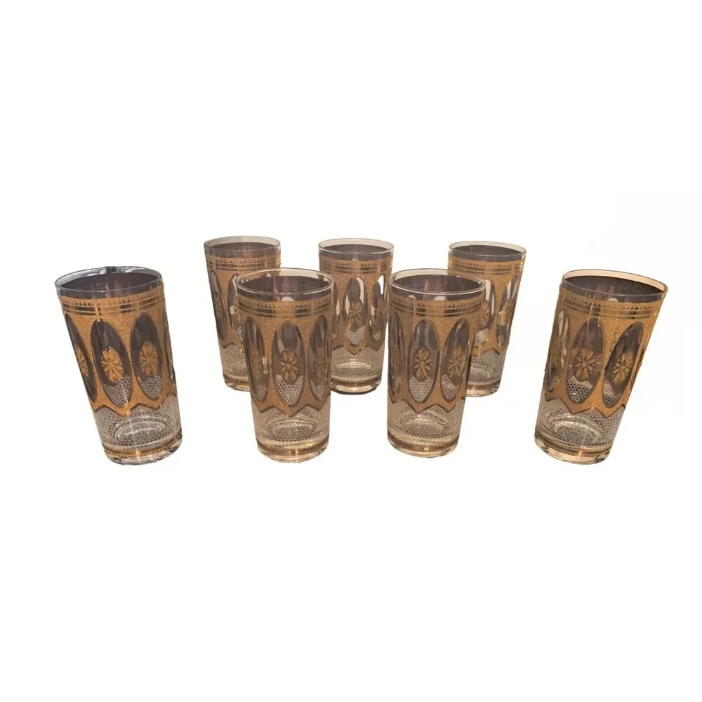 Vintage MCM Culver Regency White 22K Gold Diamond Highball Glasses - Set of 7